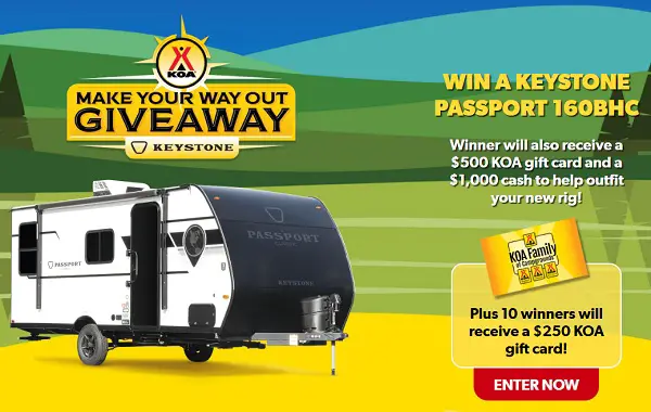 Win a Keystone Passport 160BHC RV + KOA Gift Cards & $1,000 Cash!