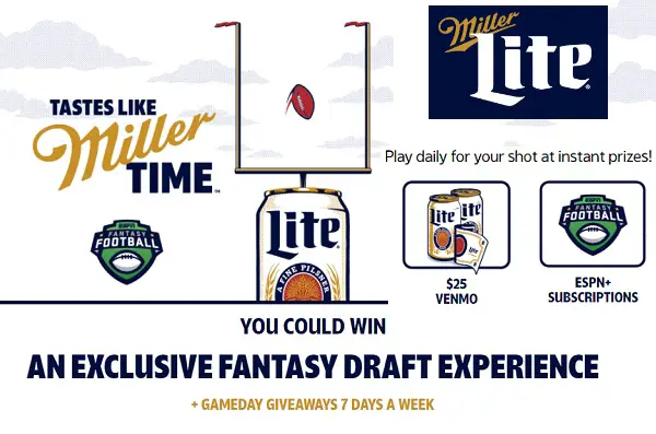 Miller Lite Football Giveaway: Instant Win a Trip, $25 Venmo Cash & ESPN+ Free Subscriptions