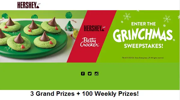 Hershey's Grinchmas Sweepstakes: Win $100 Gift Cards & Hershey’s Kisses Grinch Kit (Weekly Prizes)