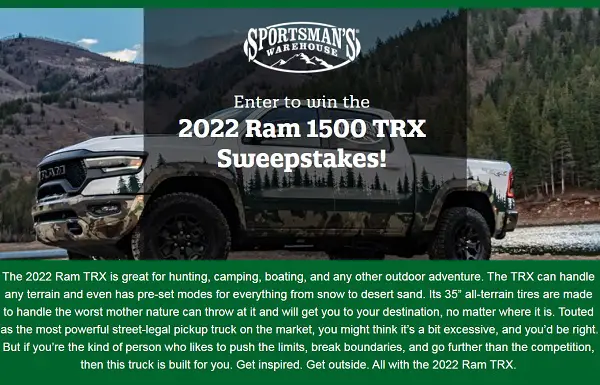 Sportsman's Warehouse Truck Sweepstakes: Win 2022 Ram 1500 TRX for Free!