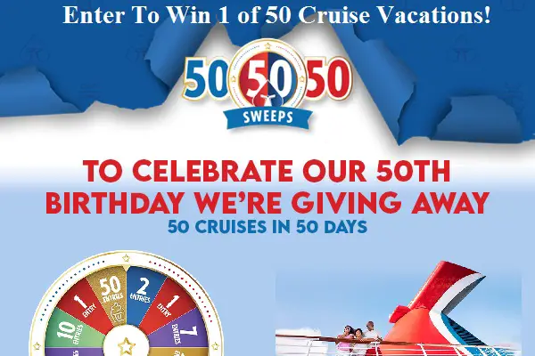 Carnival 50 Cruise Giveaway (50 Winners)