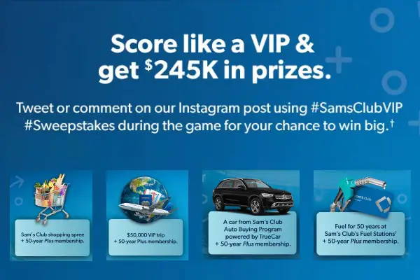 Sam’s Club Super Bowl Sweepstakes: Win Car, Cash & Gift Cards (4 Winners)