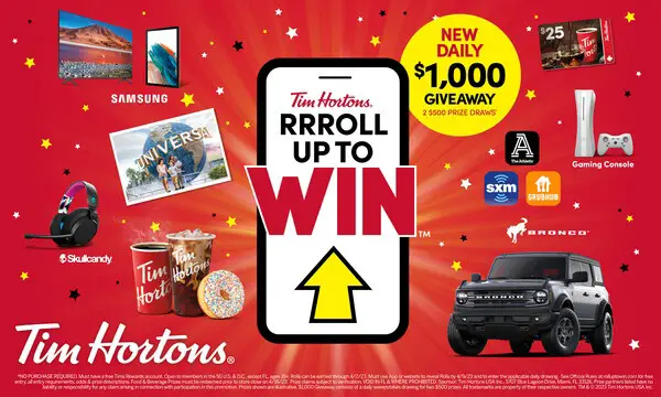 Tim Hortons Roll Up To Instant Win Game Sweepstakes (700K+ Winners)