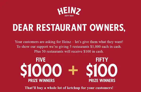 Kraft Heinz Dear Restaurant Owners Cash Sweepstakes: Win Up To $1,000 Cash