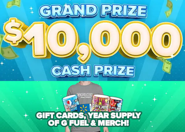 G FUEL Walmart Sweepstakes: Win $10000 Cash, a Year's supply of GFUEL & More!
