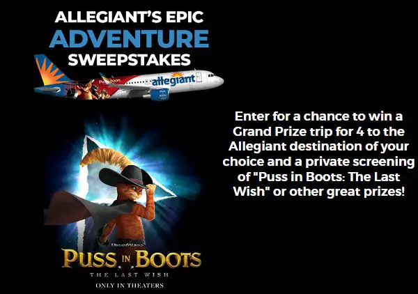 Allegiant Air Pussin Boots Epic Adventure Sweepstakes: Win $1500 Travel Voucher (6 Winners)!