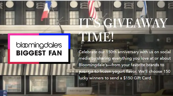 Bloomingdale’s Social Media Contest: Win A $150 Free Gift Card (150 Winners)