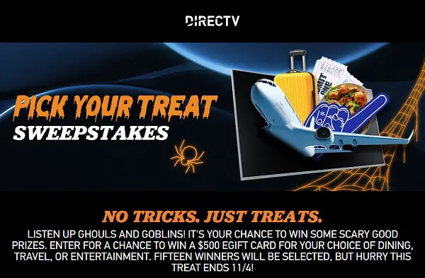 DIRECTV Pick Your Treat Sweepstakes: Win Free Gift Cards To Travel, Dining & More