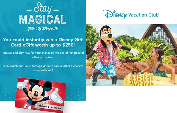 Disney Vacation Club Instant Win Game: Win Free Disney Gift Card! (640 Winners)