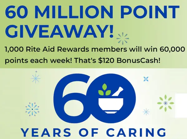 Rite Aid 60th Anniversary Sweepstakes: Win 60000 Rite Aid Rewards Points (6000 Winners)