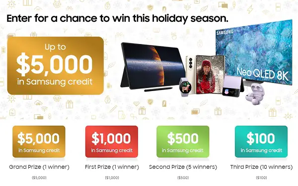 Samsung Holiday Sweepstakes: Win Free Credit Worth Up to $5000 (17 Winners)