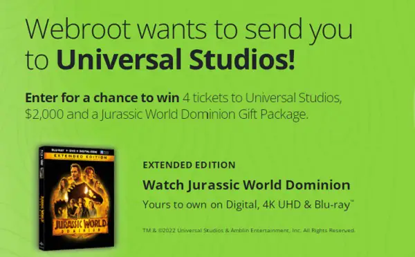 Webroot Jurassic World Dominion Giveaway: Win A Trip To Universal Studios & Jurassic Series