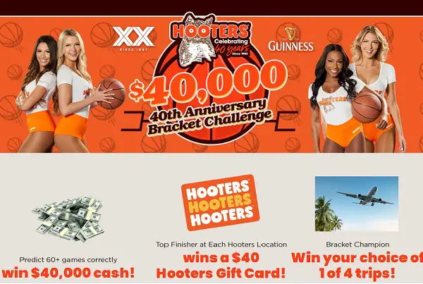 Hooters Hoops Bracket Challenge Sweeptakes: Win Free Wings for Life, Trip and More!