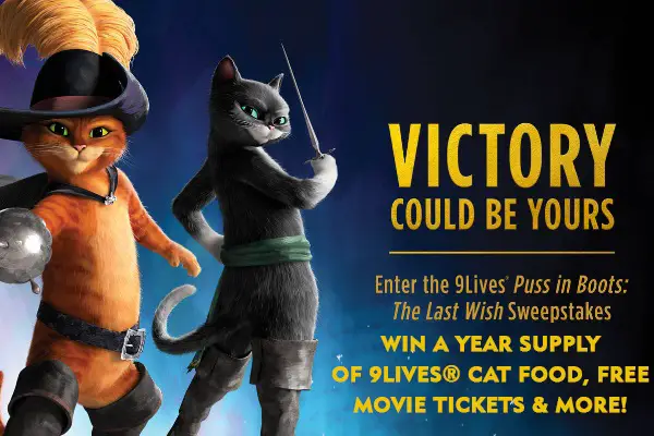 9Lives Puss in Boots Movie Sweepstakes: Win Free Cat Food & Movie Tickets (30 Winners)