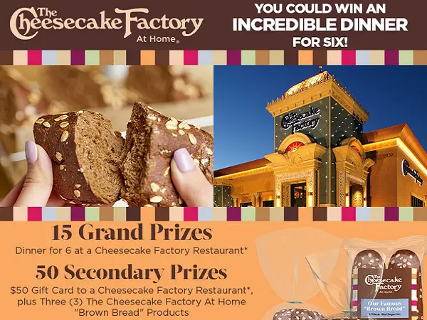 Cheesecake Factory At Home Giveaway: Win Free Meal & Gift Card (65 Winners)