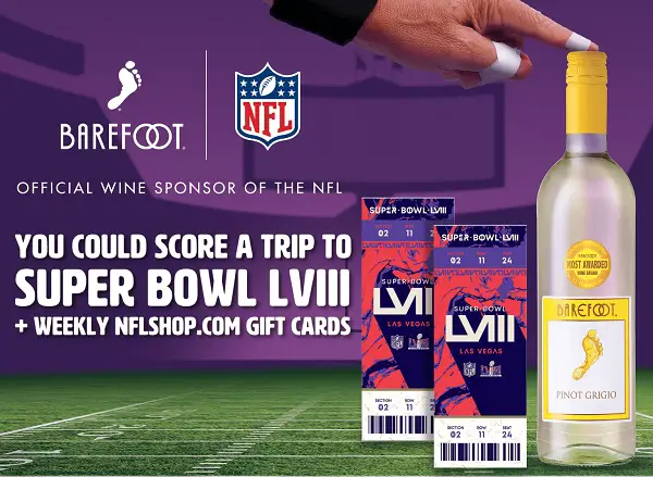 Barefoot Wine Sweepstakes: Win Super Bowl LVII Trip or $100 NFL Shop Gift Cards! (450 Winners)