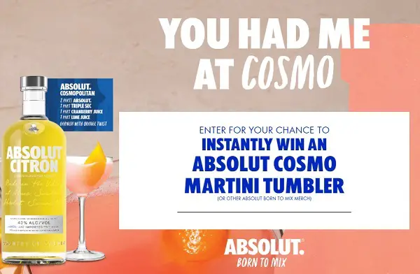 Absolut Vodka Instant Win Game Giveaway: Win Free Cosmo Martini Tumbler Glass