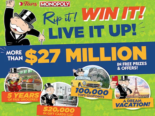 Tops Rip It Win It Monopoly Game 2023: Win $27 Million in Free Prizes