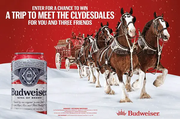 Budweiser 2023 Holiday Sweepstakes: Win a Trip to Meet Clydesdales at St. Louis