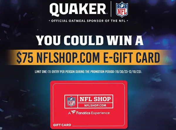 Quaker Football Fan Sweepstakes: Win $75 NFLShop.com Gift Card! (200 Winners)