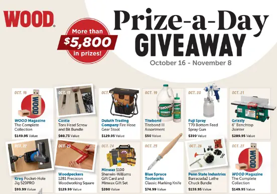 Win Wood Magazine Daily Prize Giveaway (20+ Winners)