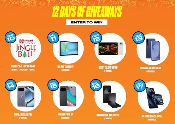 Boost Mobile 12 Days of Giveaways – Win Phones, Tablets & a Trip to Jingle Ball Miami!
