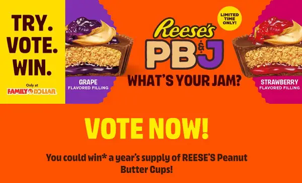 Family Dollar Reese’s Pb&J What’s Your Jam? Sweepstakes – Win a Year’s Supply of Reese's Peanut Butter Cups! (25 Winners)