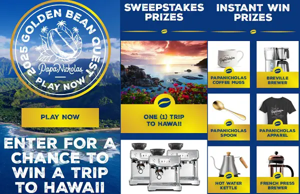 PapaNicholas Golden Bean Quest Sweepstakes 2025 – Win a Trip to Hawaii & Coffee Prizes!