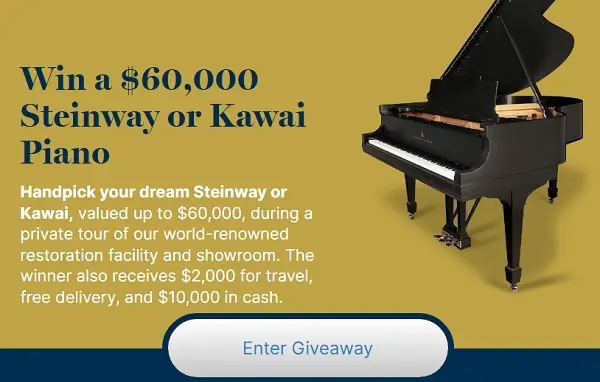 Grand Piano Giveaway 2025 – Win a Steinway or Kawai Piano + $12,000 Cash