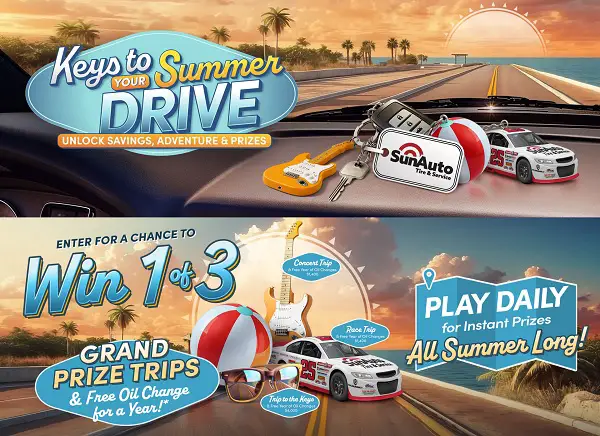 Sun Auto Keys to Your Summer Drive Giveaway – Win a Concert Trip, Race Weekend, or Free Oil Changes for a Year!