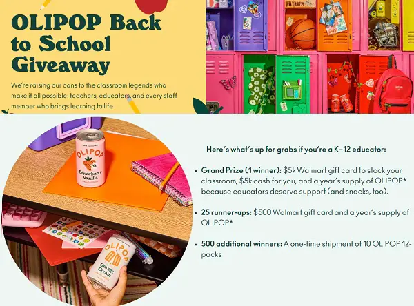 OLIPOP Back to School Sweepstakes – Win Cash, Walmart Gift Cards & OLIPOP! (500+ Winners)