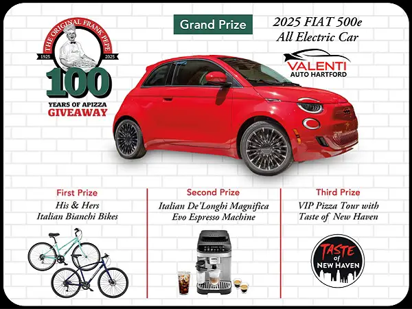 Frank Pepe’s 100-Year Anniversary Sweepstakes – Win a 2024 Fiat Car, VIP Pizza Tour, Coffee Machine & More!