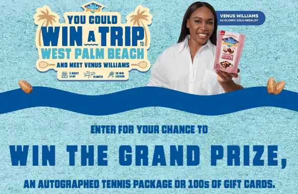 Blue Diamond Venus Sweepstakes: Win a Trip to Meet Venus Williams + 600 Instant Prizes!