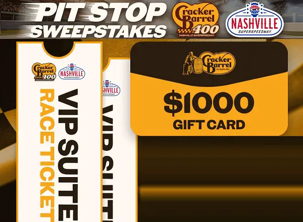 Cracker Barrel Rewards Pit Stop Sweepstakes: Win 2026 Race Trip or $400 Gift Card
