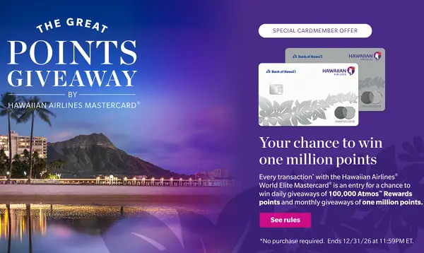 Hawaiian Airlines Great Points Giveaway: Win 1,000,000 Atmos Rewards Points + $3,000 Cash