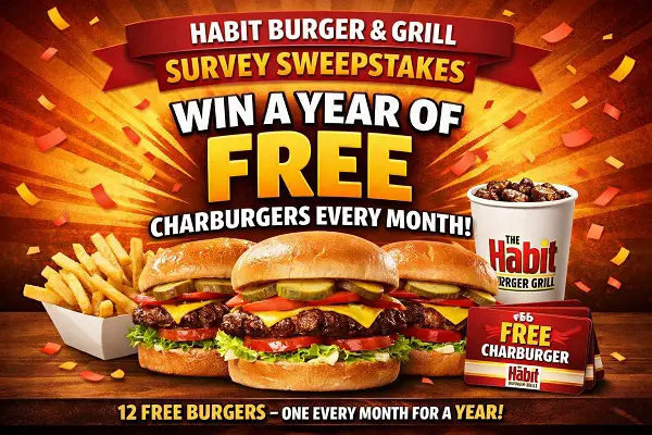 Habit Burger & Grill Survey Sweepstakes 2026 – Win a Year of Free Charburgers! (Monthly Winners)