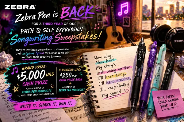 Zebra Pen Songwriting Sweepstakes: Win $5,000 Cash + Zebra Pen for a Year!