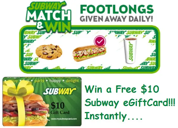 WIN a FREE $10 Subway GiftCard Instantly