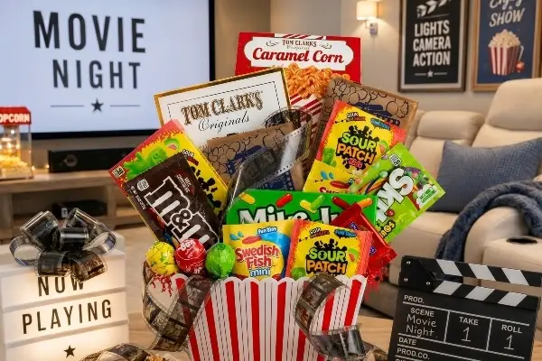 Win The Ultimate Movie Night Nostalgic Popcorn M&M Candy Gift Basket Giveaway