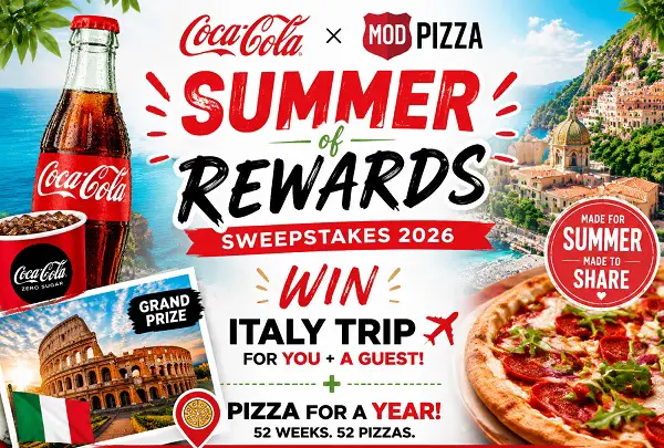 Coca-Cola MOD Pizza Summer of Rewards Sweepstakes 2026 – Win Italy Trip + Pizza for a Year