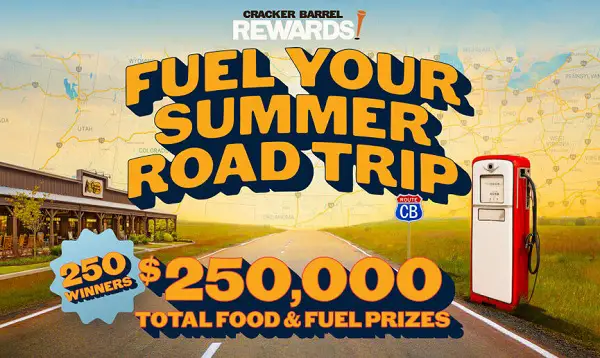 Cracker Barrel Fuel Your Summer Road Trip Sweepstakes – Win $1,000 in Food & Gas Gift Cards! (250 Winners)