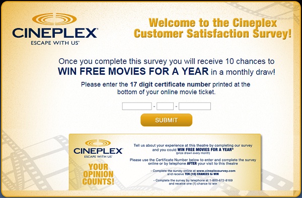 Take Cineplex Customer Survey To Win Free Movie Tickets For A Year