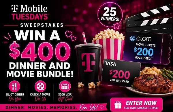 T-Mobile Tuesdays Sweepstakes: Win a $400 Dinner and Movie Bundle [25 Winners]