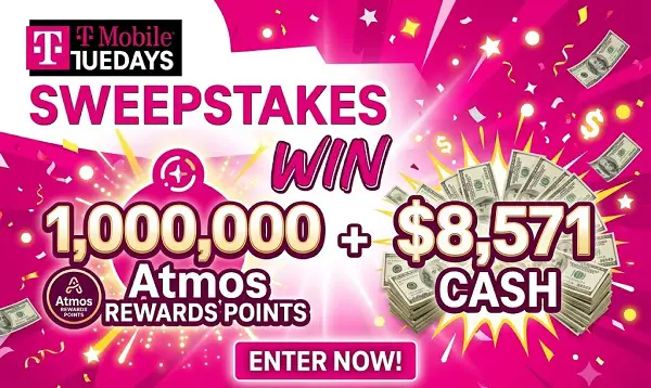 T-Mobile Tuesdays Sweepstakes: Win 1,000,000 Atmos Rewards Points + $8,571 Cash