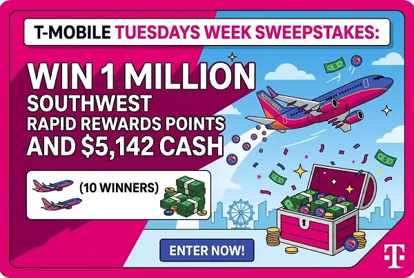 T-Mobile Tuesdays Week Sweepstakes: Win 1 Million Southwest Rapid Rewards Points and $5,142 Cash