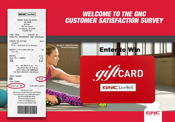 Tell GNC Feedback in Customer Survey Sweepstakes