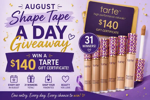 August Shape Tape A Day Giveaway – Win a $140 Tarte Gift Certificate [31 Winners]