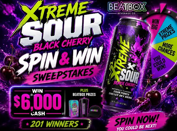 Xtreme Sour Black Cherry Spin & Win Sweepstakes – Win $6,000 & BeatBox Prizes [201 Winners]