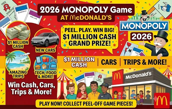 2026 MONOPOLY Game At McDonald’s - Win $1 Million Cash, Cars, Trips & More
