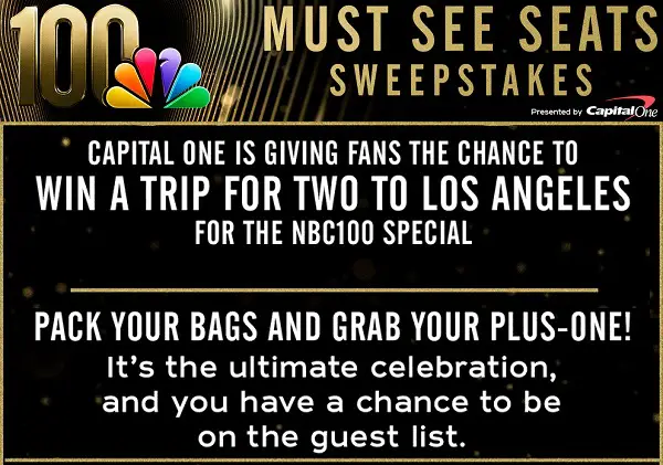 NBC100 Must See Seats Sweepstakes – Win a $4,050 Los Angeles NBC100 Special Trip